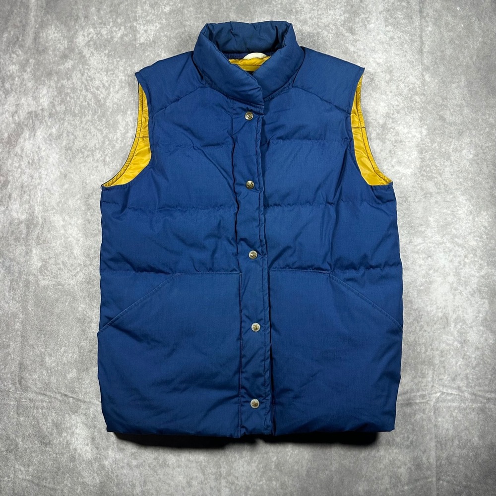 Vintage 80s Eddie Bauer Men Medium Blue Yellow Goose Down Puffer Vest Snap Front